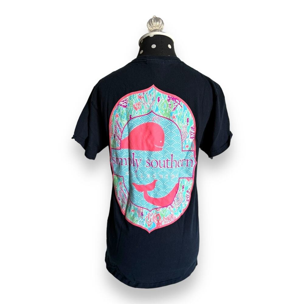 Simply Southern Womens Shirt Sz S Navy Blue Whale Sea Life Short Sleeve Tee T‎